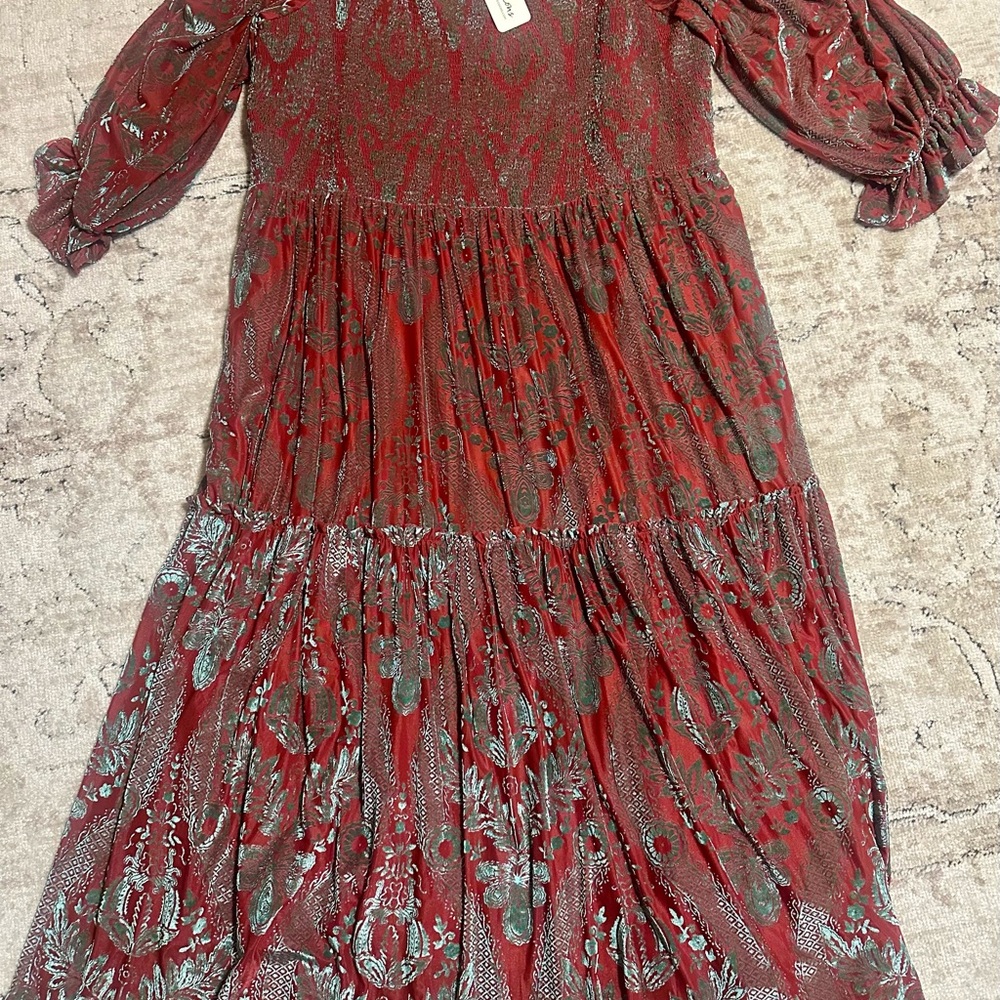 Impressions Red Metallic Patterned Tiered Maxi Dress